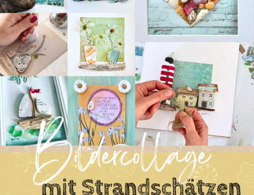 Bildercollage mit Strandschätzen und Meerglas